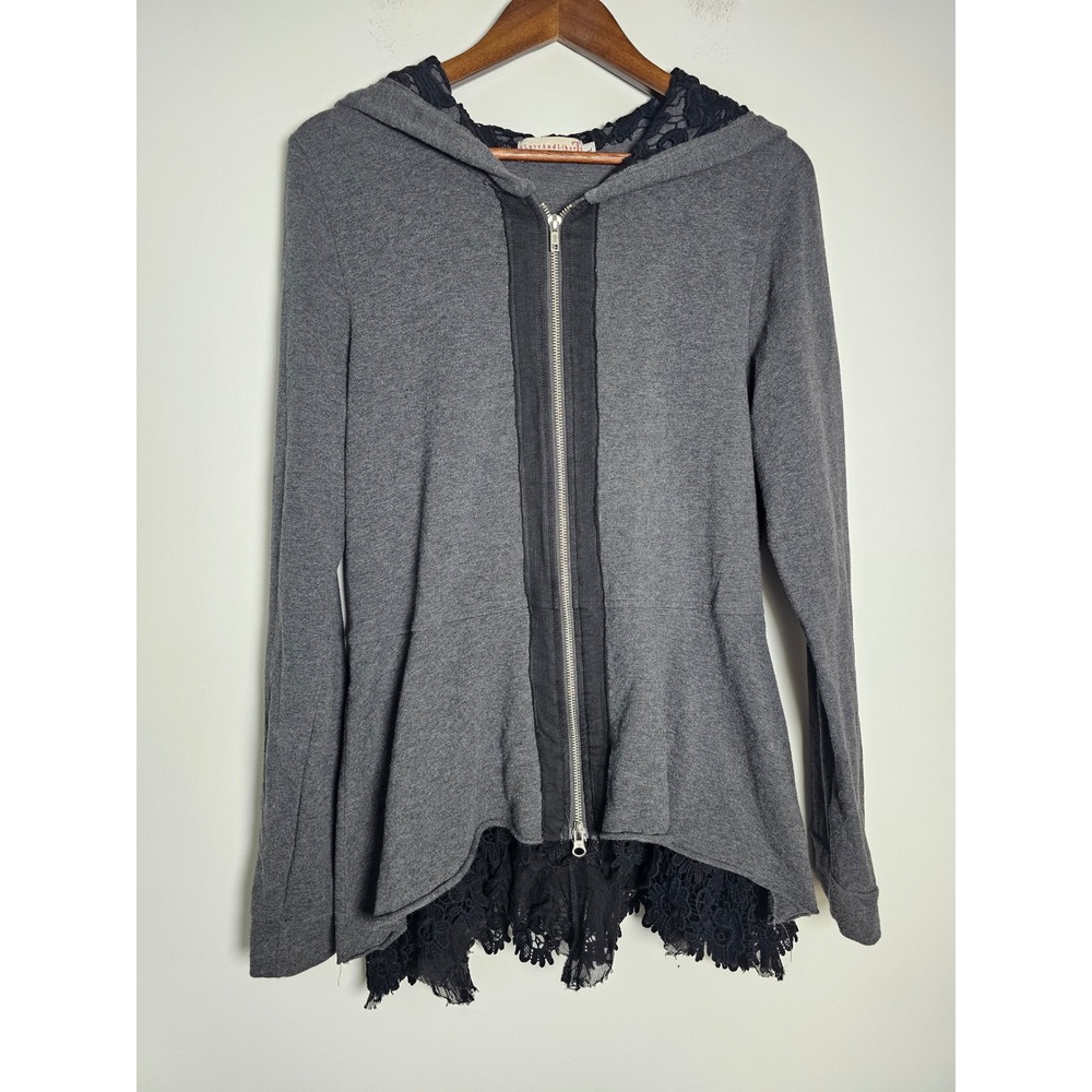 [Gothcore] Love And Liberty Lace Zip Up Hoodie Womens Large Grey Black High Low